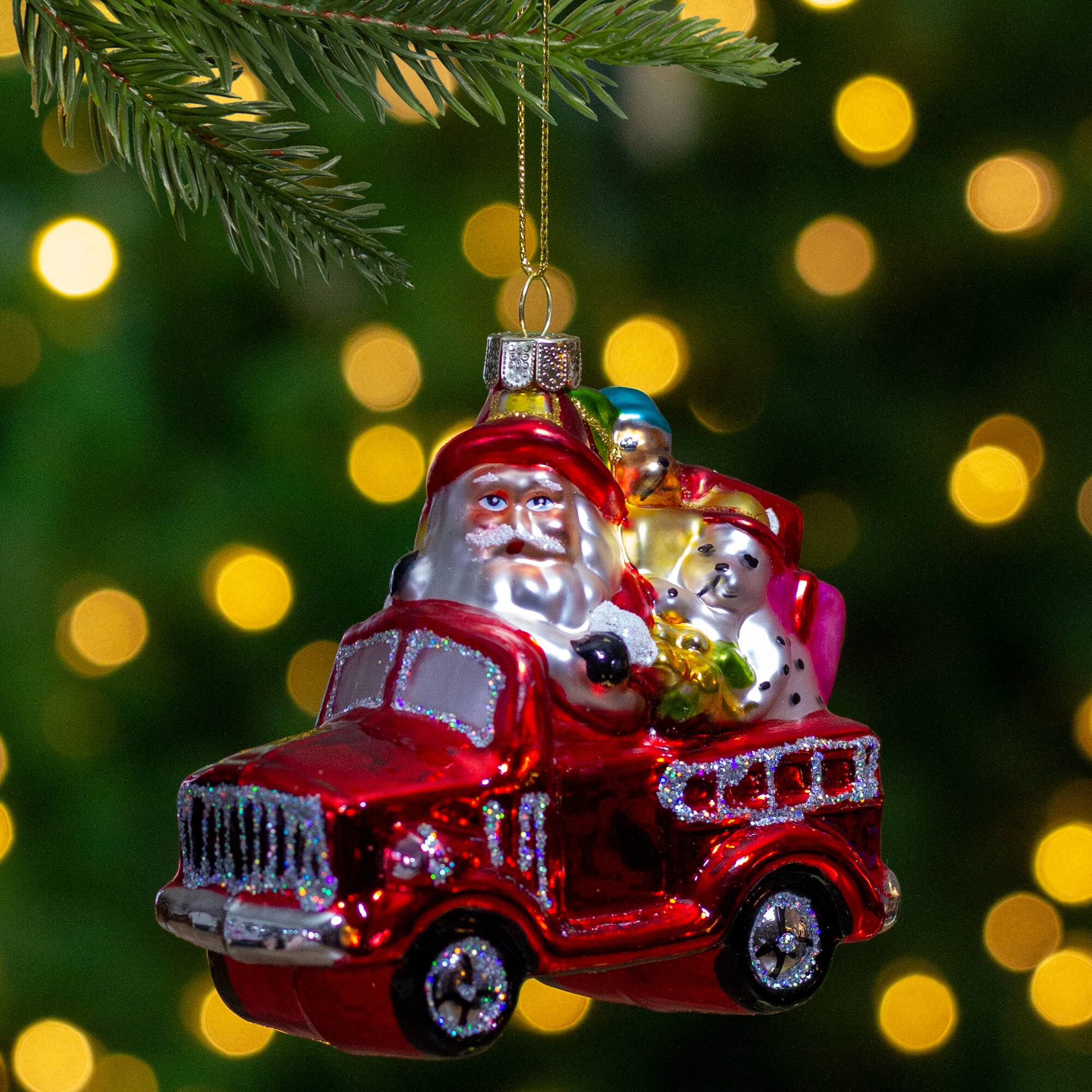 4" Red Fire Truck With Santa & Presents Glass Christmas Ornament